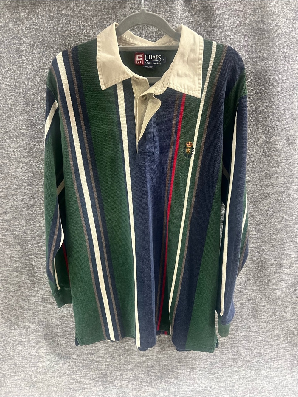 Ralph Lauren Green & Navy Striped Rugby Polo with Cream Collar